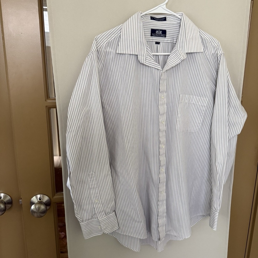 Stafford Men's 17-35 XL White Grey‎ Stripe Long Sleeve Button Up Shirt